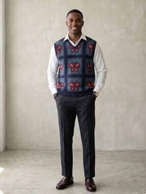 Awake NY Mens Butterfly Knit Ribbed Grandpacore Navy Blue Sweater Vest